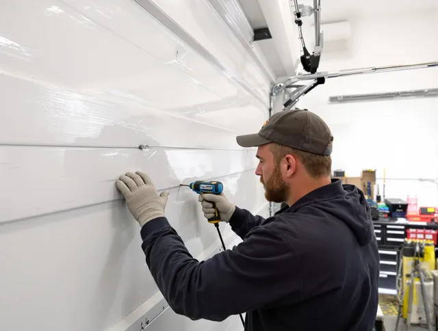 Baldwin Park Garage Door Repair technician demonstrating precision dent removal techniques on a Baldwin Park garage door