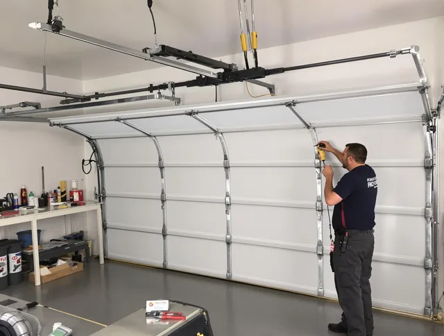 Baldwin Park Garage Door Repair certified technician performing overhead door system repair in Baldwin Park