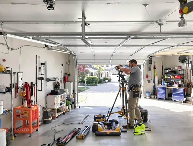 Baldwin Park Garage Door Repair specialist performing laser-guided track alignment in Baldwin Park